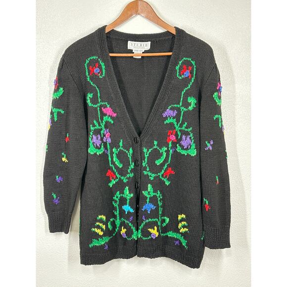 VTG Hand Knit Cardigan Sweater M Black Color Embroidered Floral Dark Coquette - Picture 1 of 12